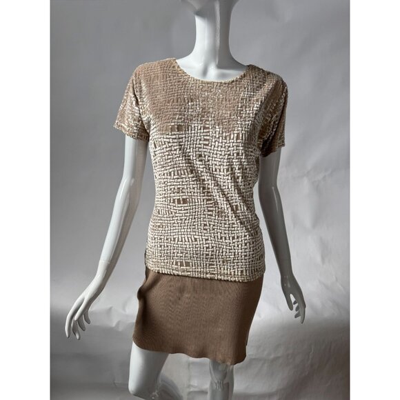 Barami Womens M Short-Sleeve Textured Top Beige Cream Woven Pattern Rayon/Polyes - Picture 8 of 15